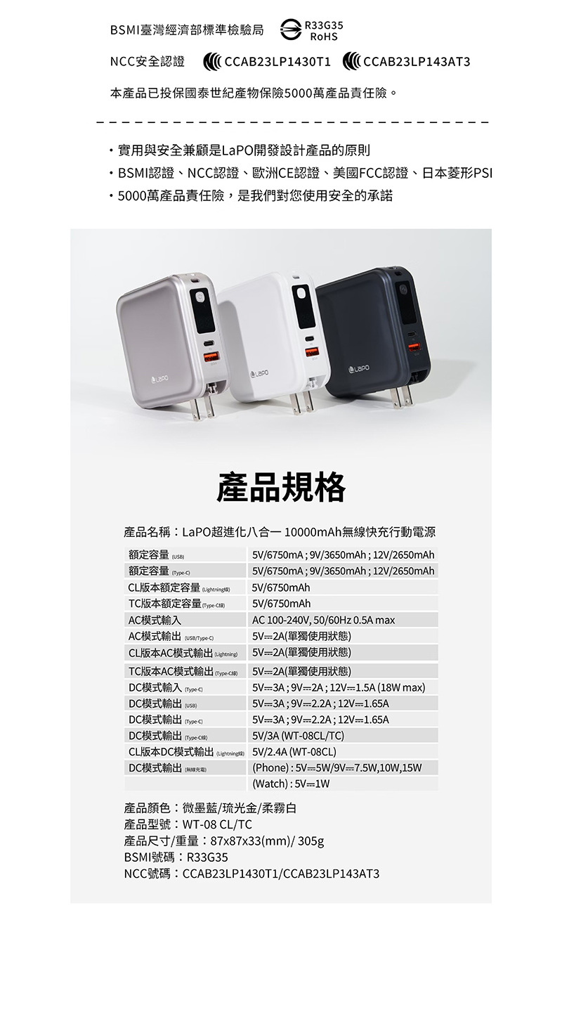 LaPO 超進化八合一 10000mAh 無線快充行動電源 WT-0805